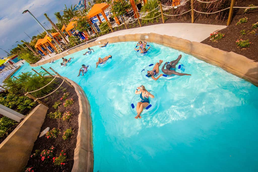 People floating along the Chat Creek lazy river ride at Island H2O Live Water Park.
