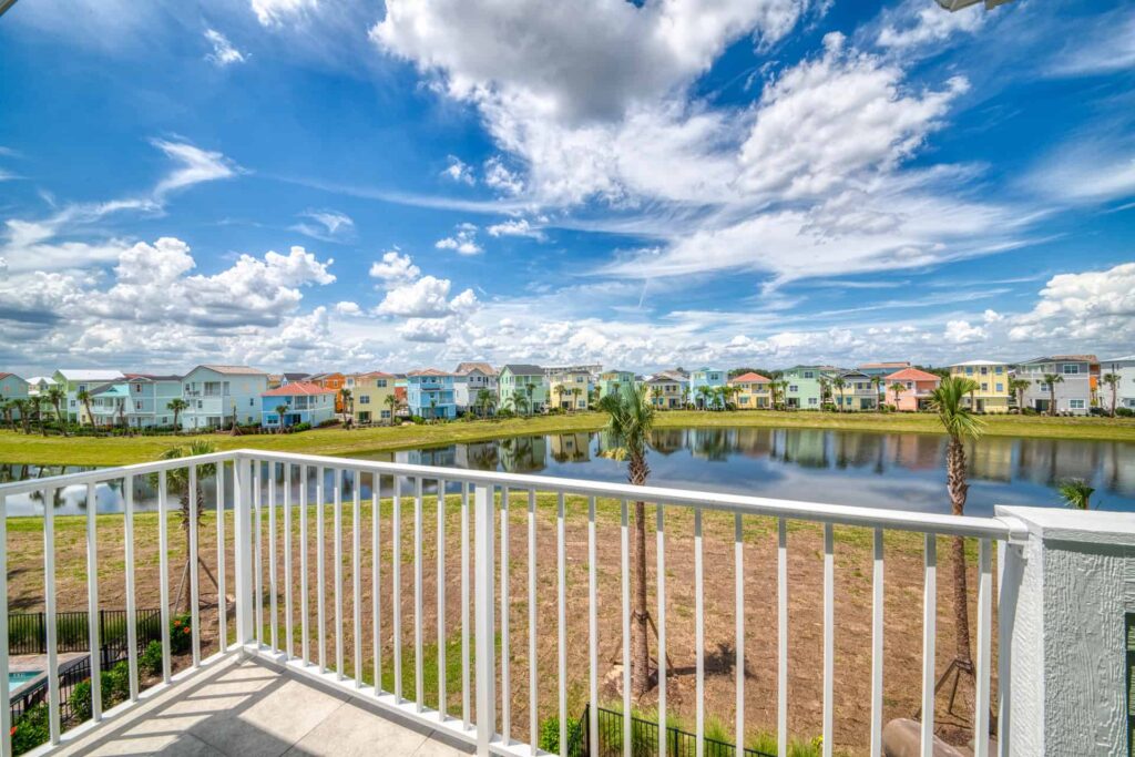View of Margaritaville Cottages Orlando waterfront from 5 Bedroom Superior Cottage balcony
