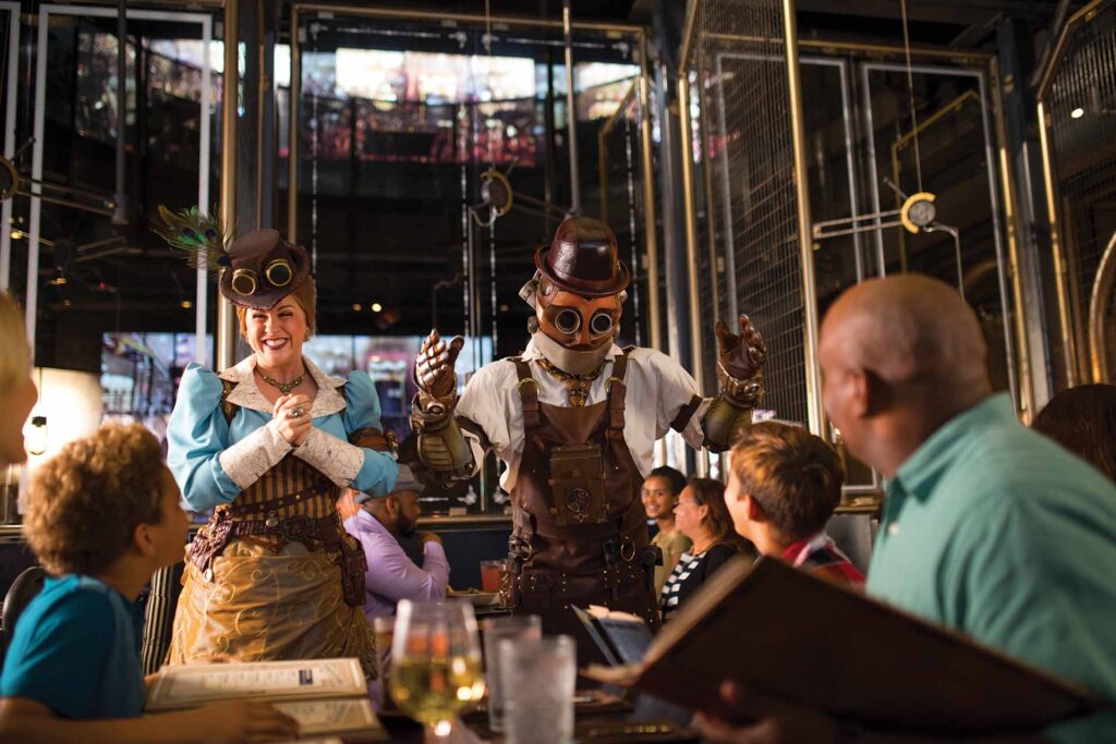 Characters performing in front of diners at the Toothsome Chocolate Emporium at Universal CityWalk