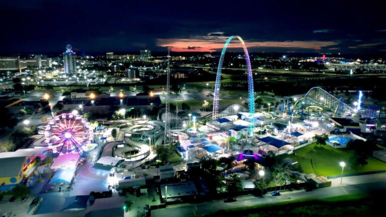Nighttime aerial view of Fun Spot America theme park in Orlando, Florida