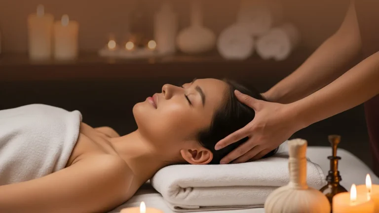 Woman receiving a massage treatment on a spa table with lit candles