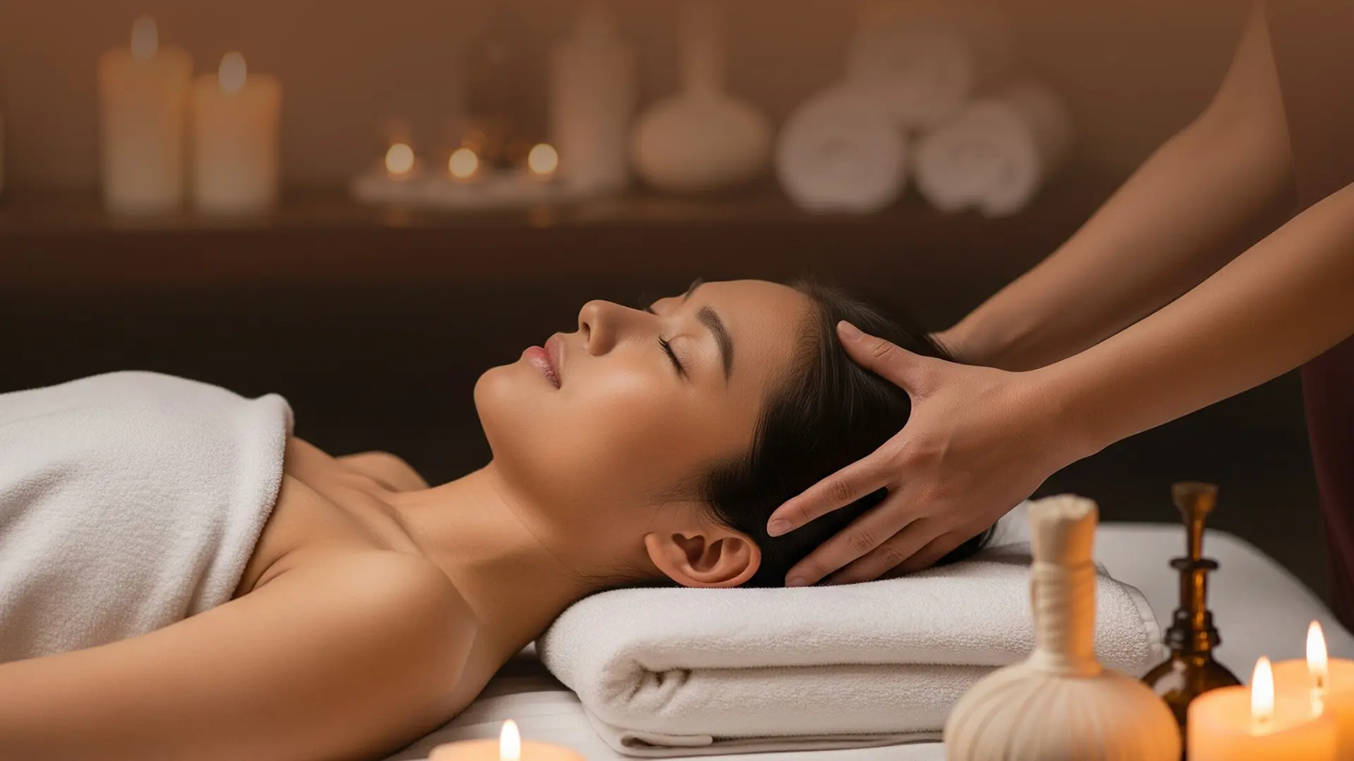 Woman receiving a massage treatment on a spa table with lit candles