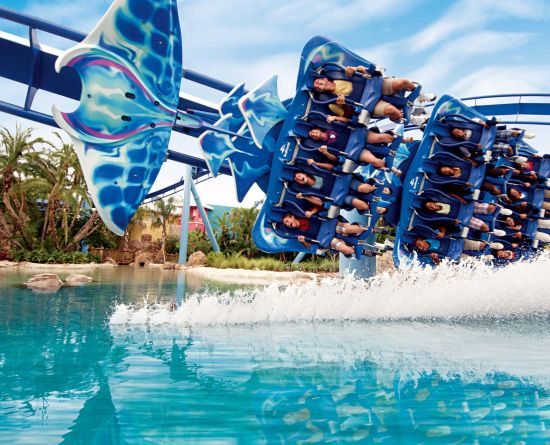Manta roller coaster at SeaWorld Orlando racing across the water.