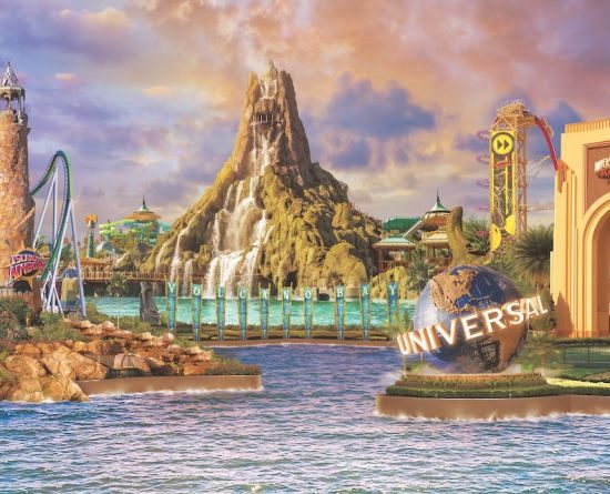 Panoramic view of Universal Orlando theme park landmarks.