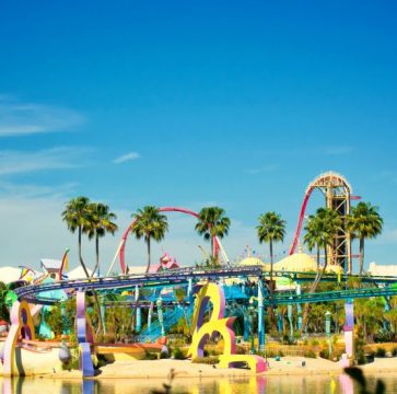 Panoramic view of rides at Universal Orlando’s Islands of Adventure.